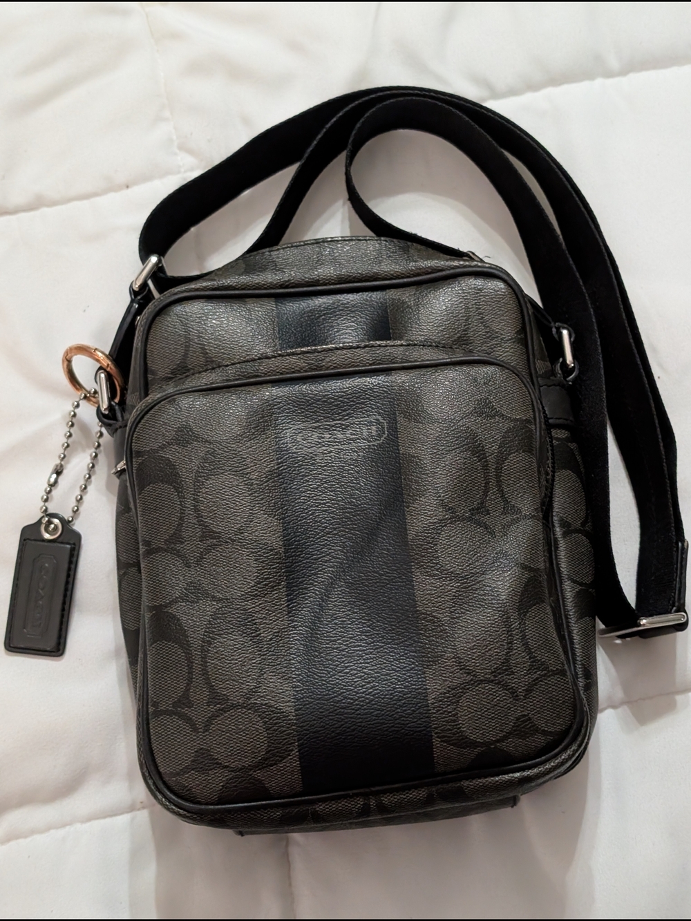 Coach Men's Black Leather Interior Shoulder Bag with Embossed Creed Patch